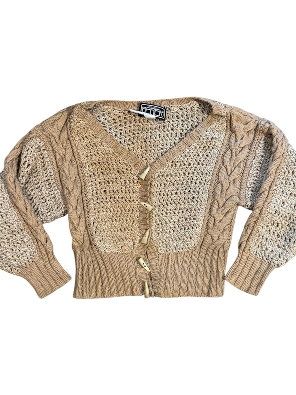 Berek Hand Knit New York Small Tan Cable Knit Button-Front Women's Cardigan